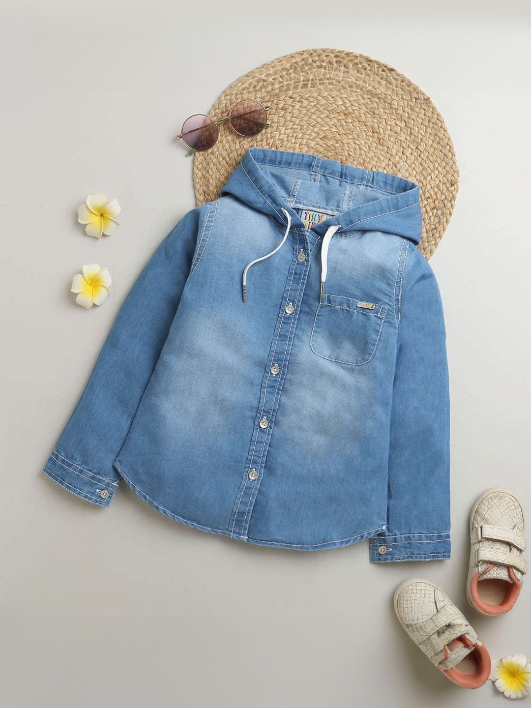 

Tiny Girl Faded Hooded Denim Cotton Casual Shirt, Blue