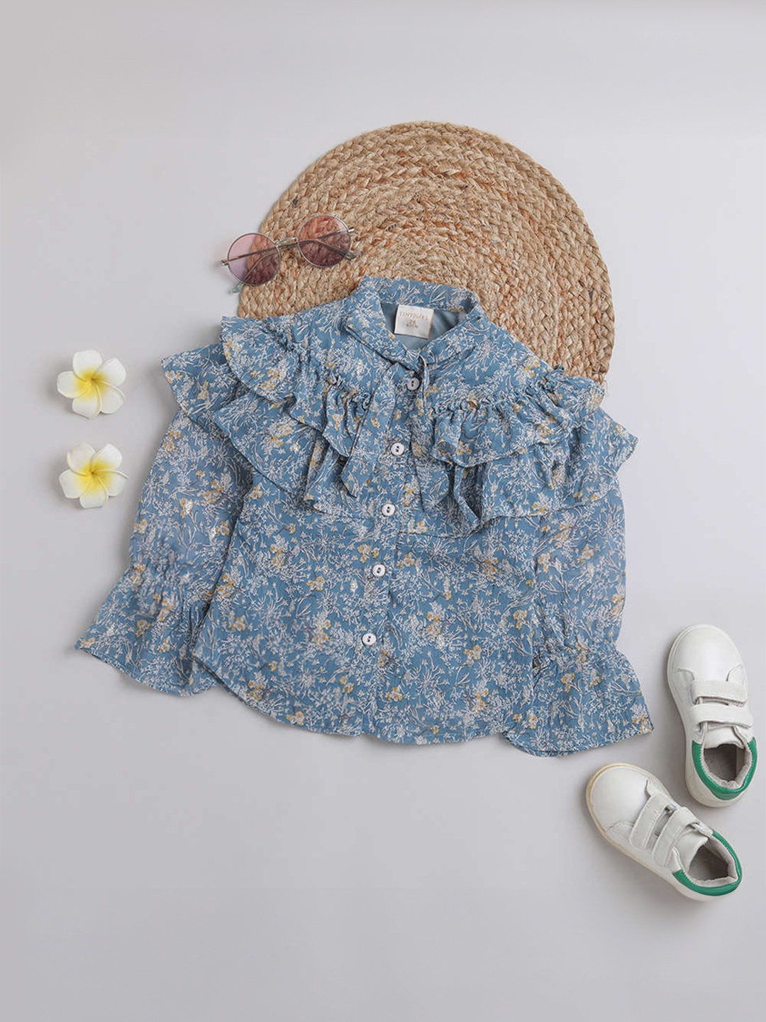 

Tiny Girl Floral Printed Bell Sleeves Ruffles Shirt Style Top, Grey