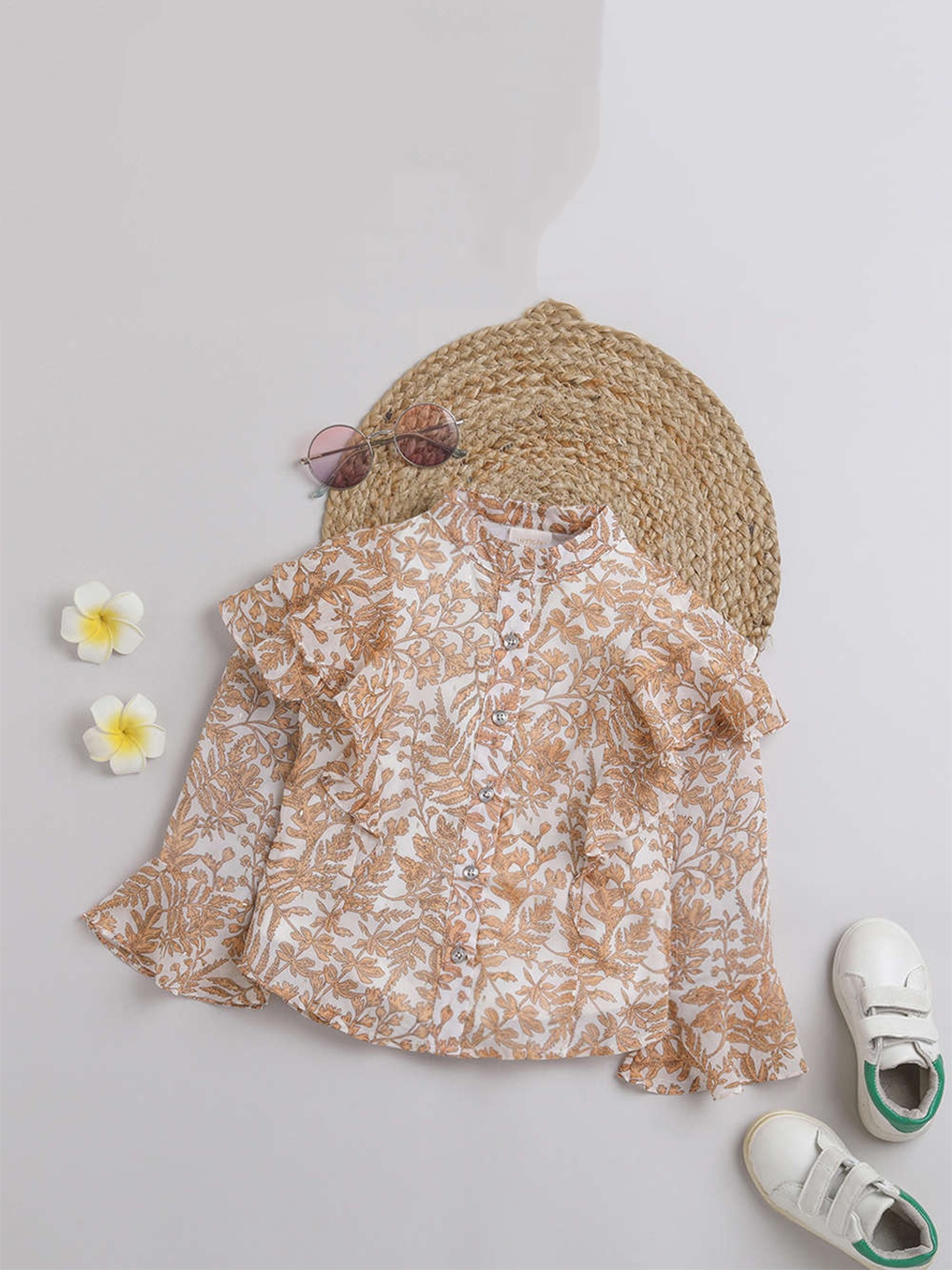 

Tiny Girl Floral Printed Bell Sleeves Ruffles Shirt Style Top, Brown