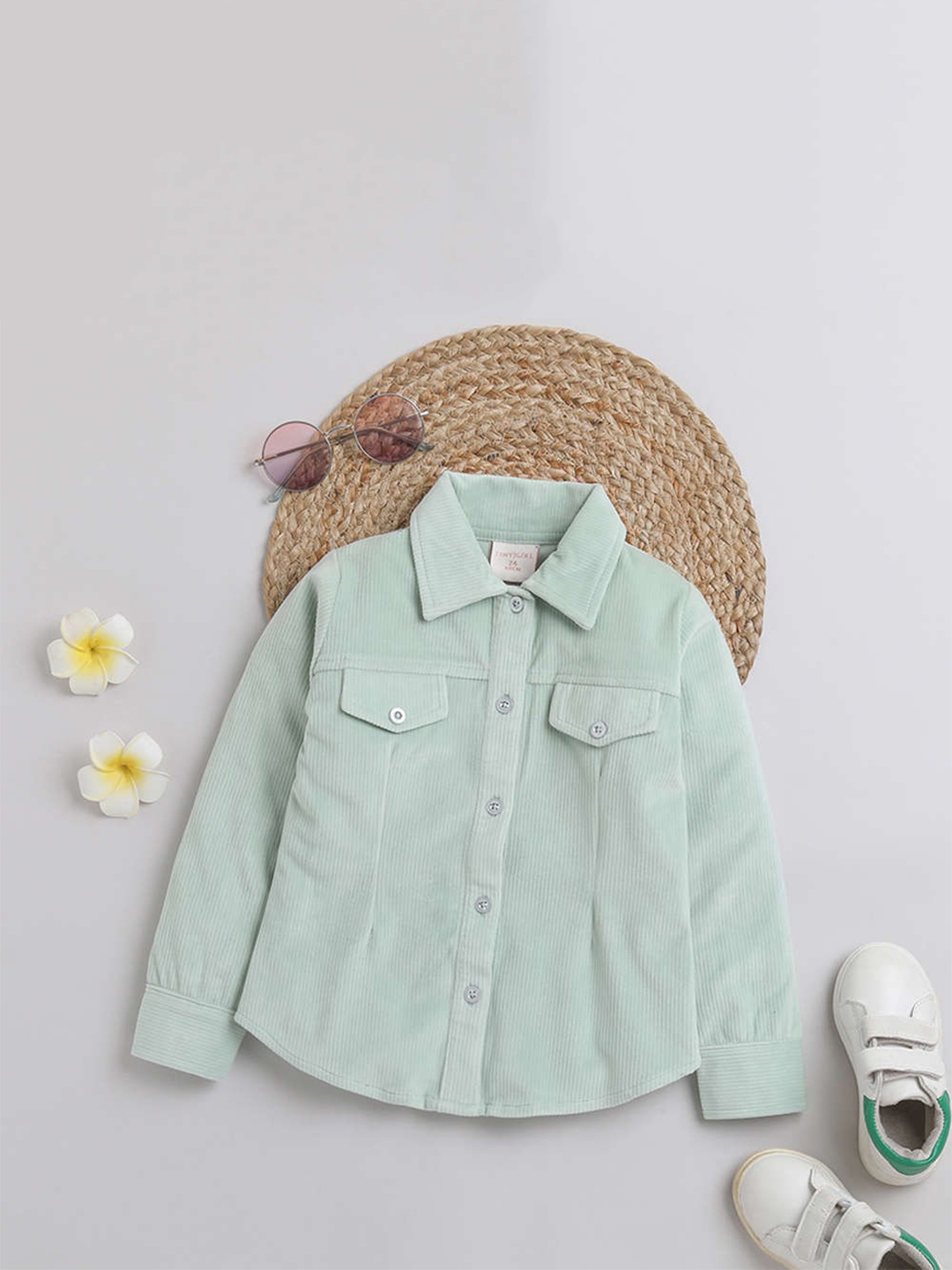 

Tiny Girl Spread Collar Corduroy Casual Shirt, Green
