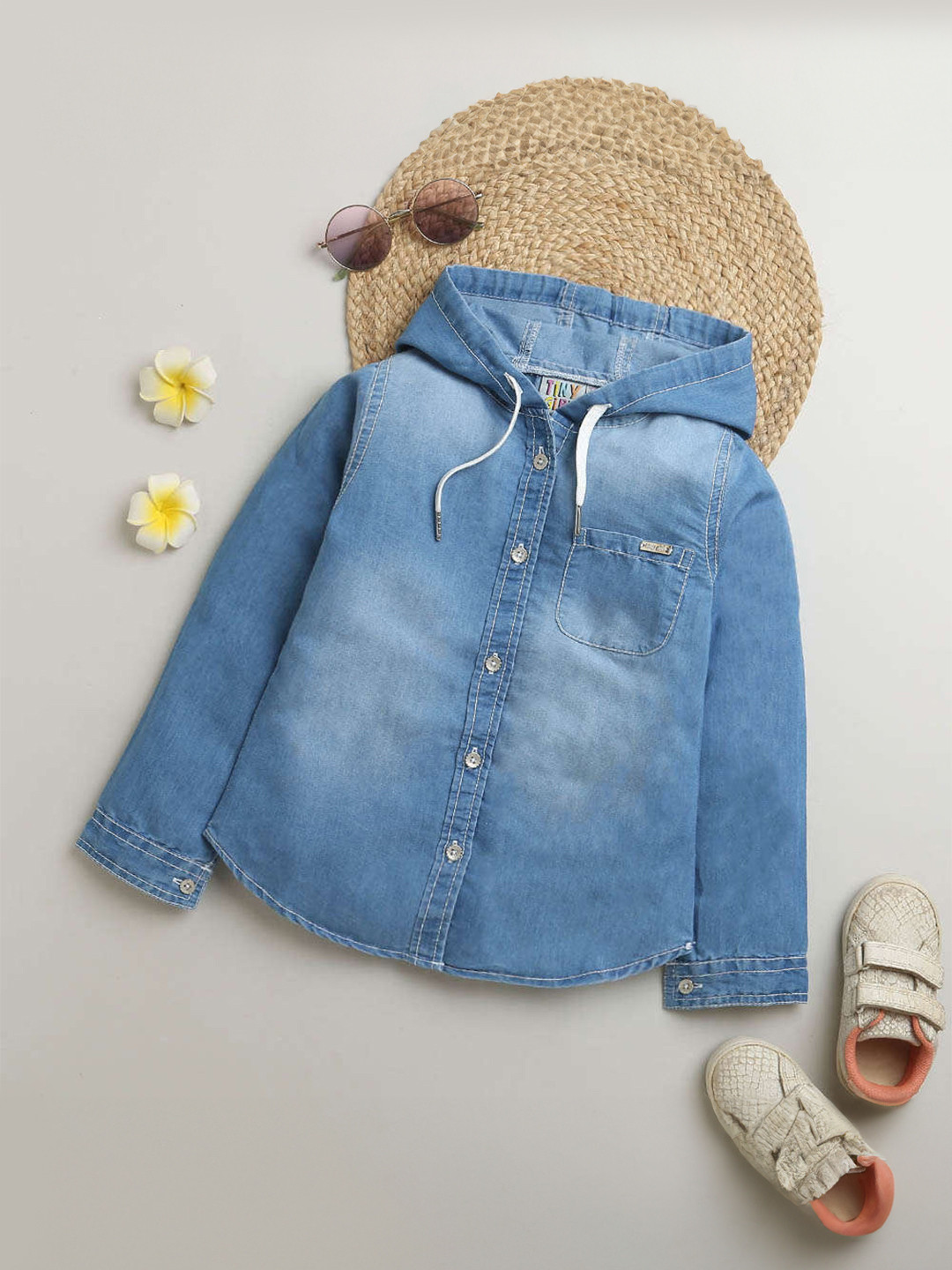 

Tiny Girl Faded Hooded Denim Cotton Casual Shirt, Blue