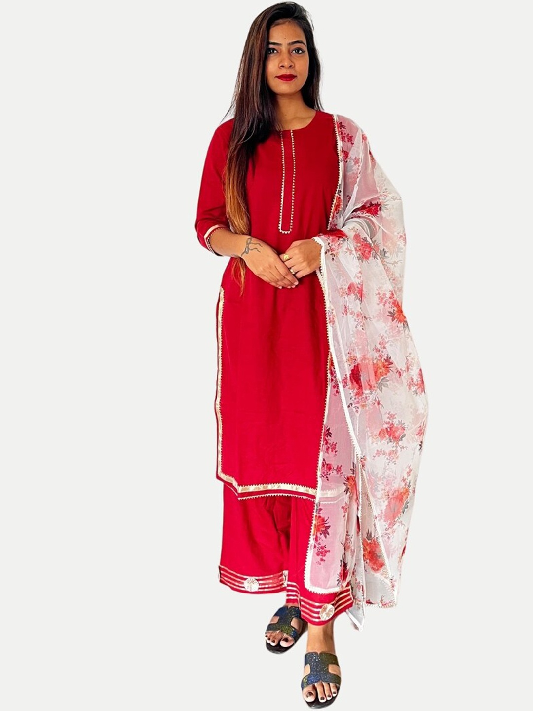 

Vedic Floral Gotta Patti Round Neck Pure Cotton Straight Kurta & Palazzos With Dupatta, Red