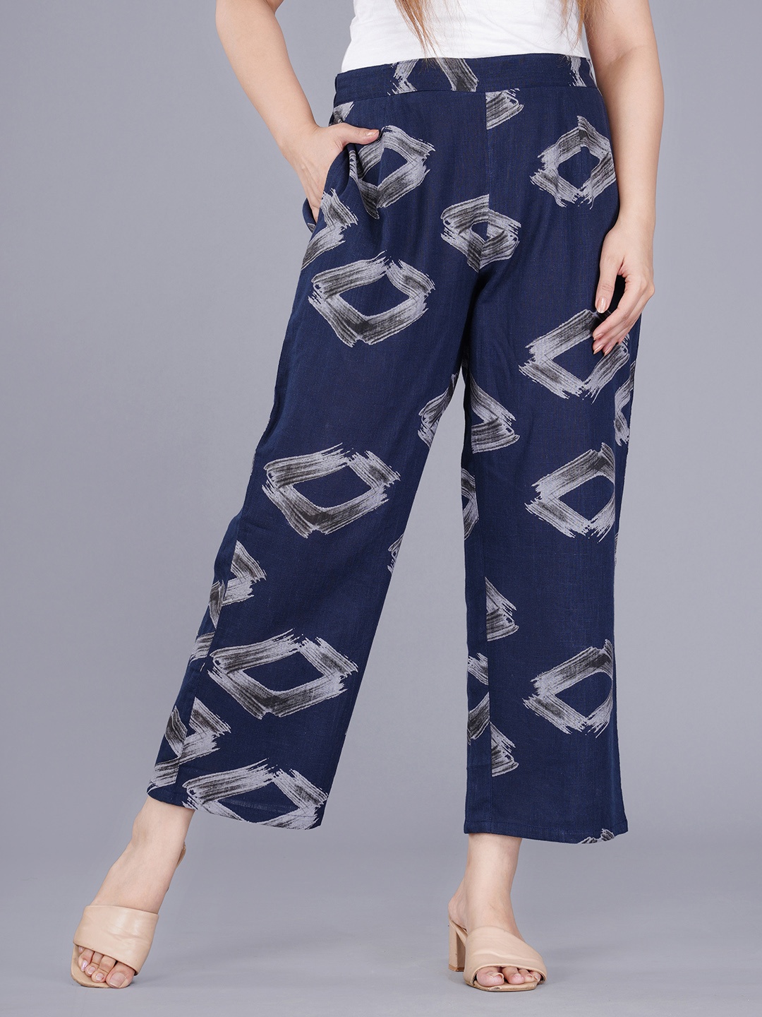 

BAESD Women Geometric Printed Cotton Parallel Trousers, Blue