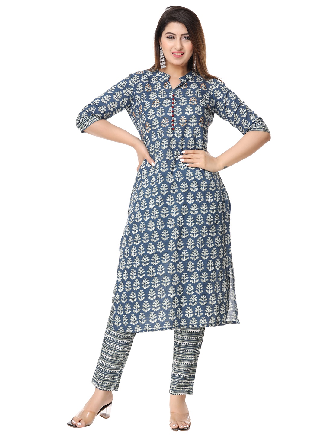 

BAESD Mandarin Collar Regular Pure Cotton Kurta & Trousers, Blue