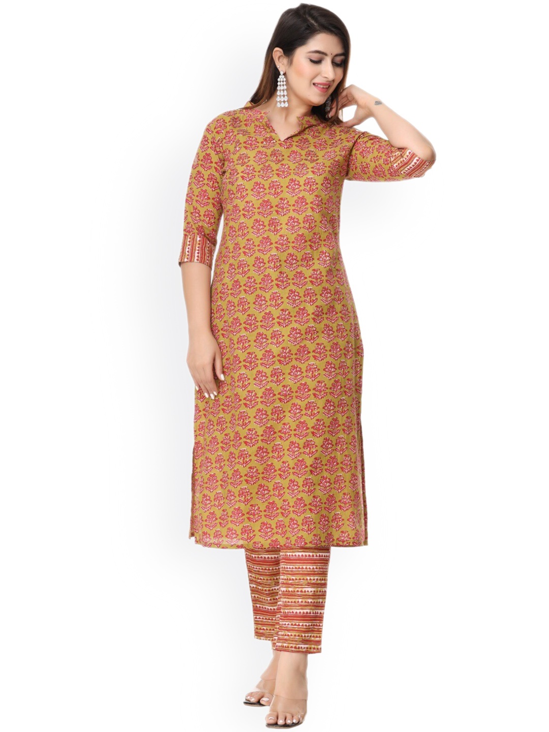 

BAESD Printed Mandarin Collar Pure Cotton Kurta & Trousers, Yellow