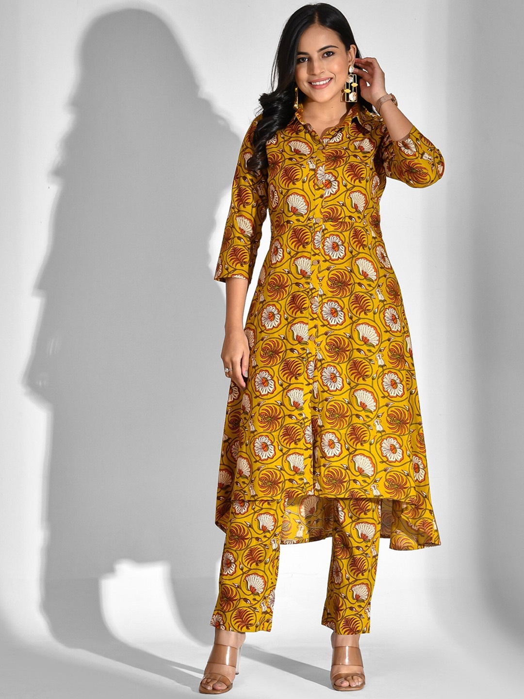 

mokshi Floral Printed Shirt Collar High-Low Kurta With Palazzos, Yellow