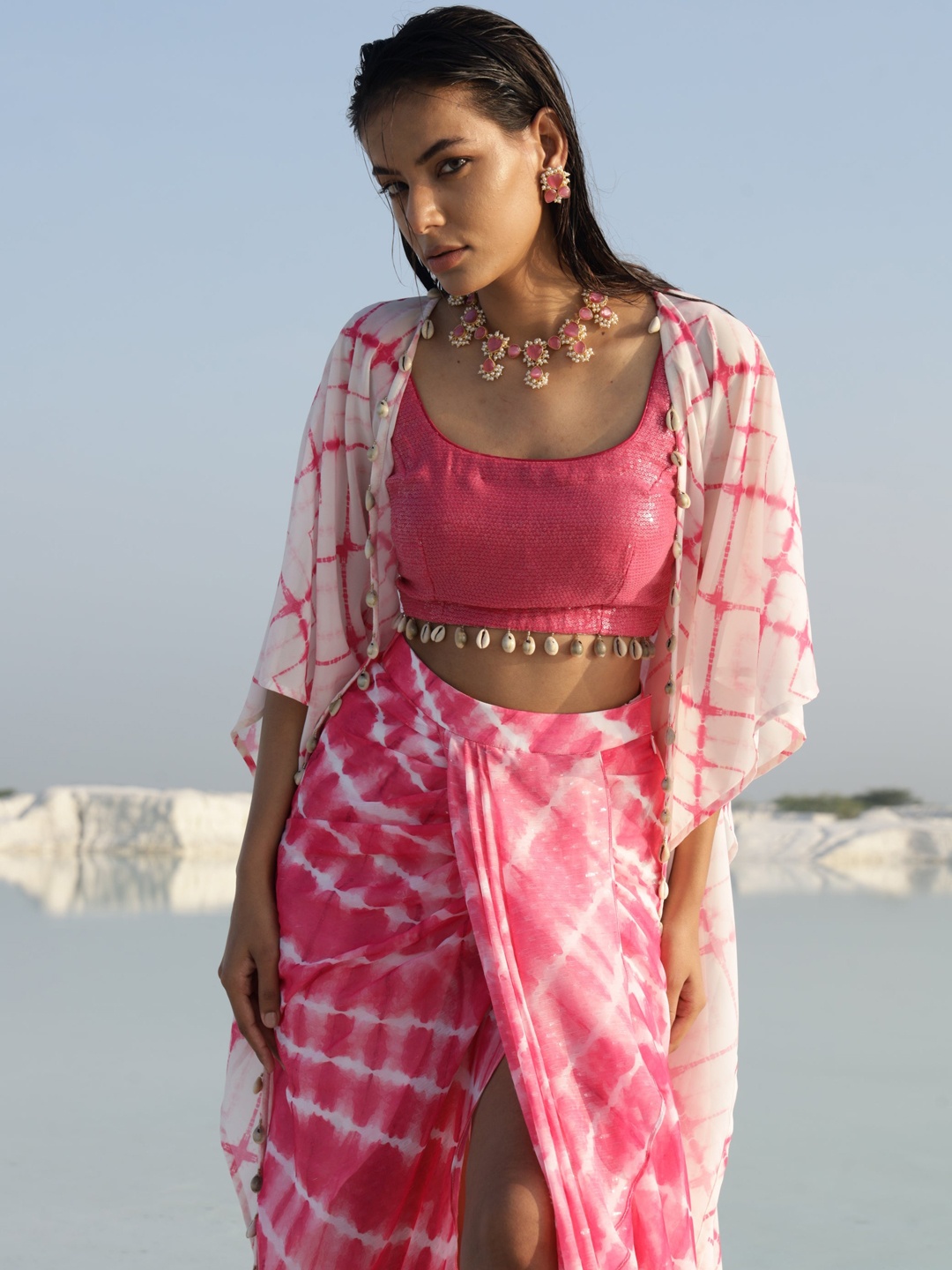

Monk & Mei Pleated Georgette Tie & Dye Midi Skirt, Pink