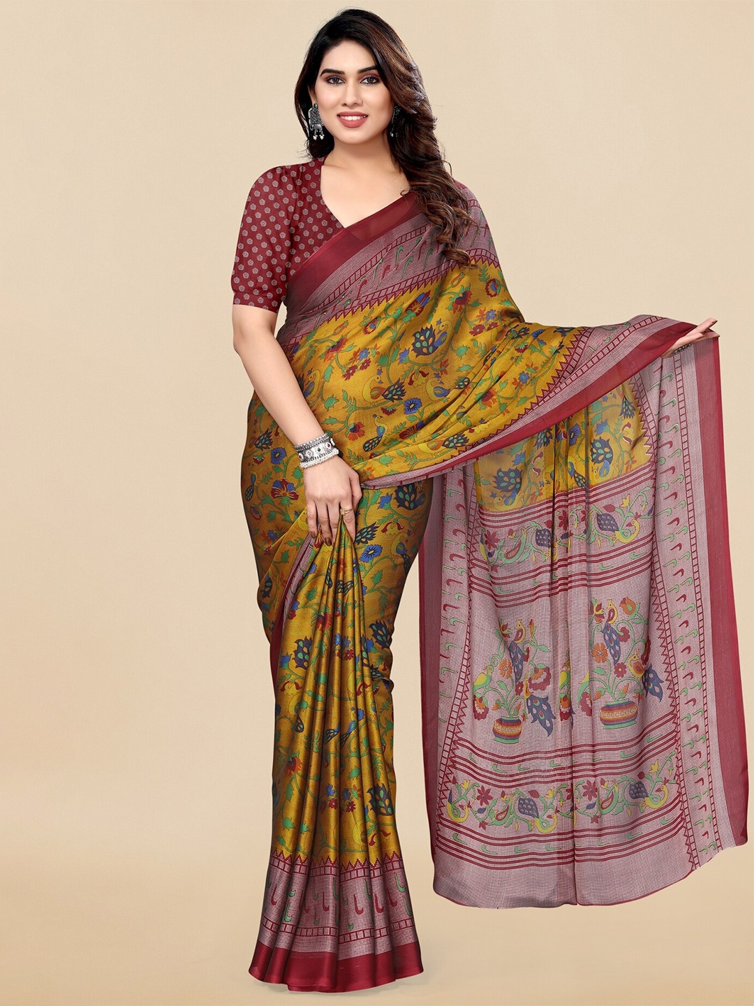 

KALINI Mustard & Maroon Kalamkari Printed Chiffon Saree