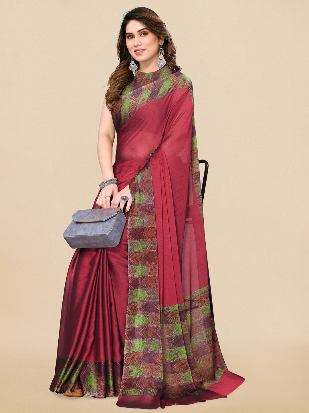 

KALINI Red & Green Chiffon printed border Saree