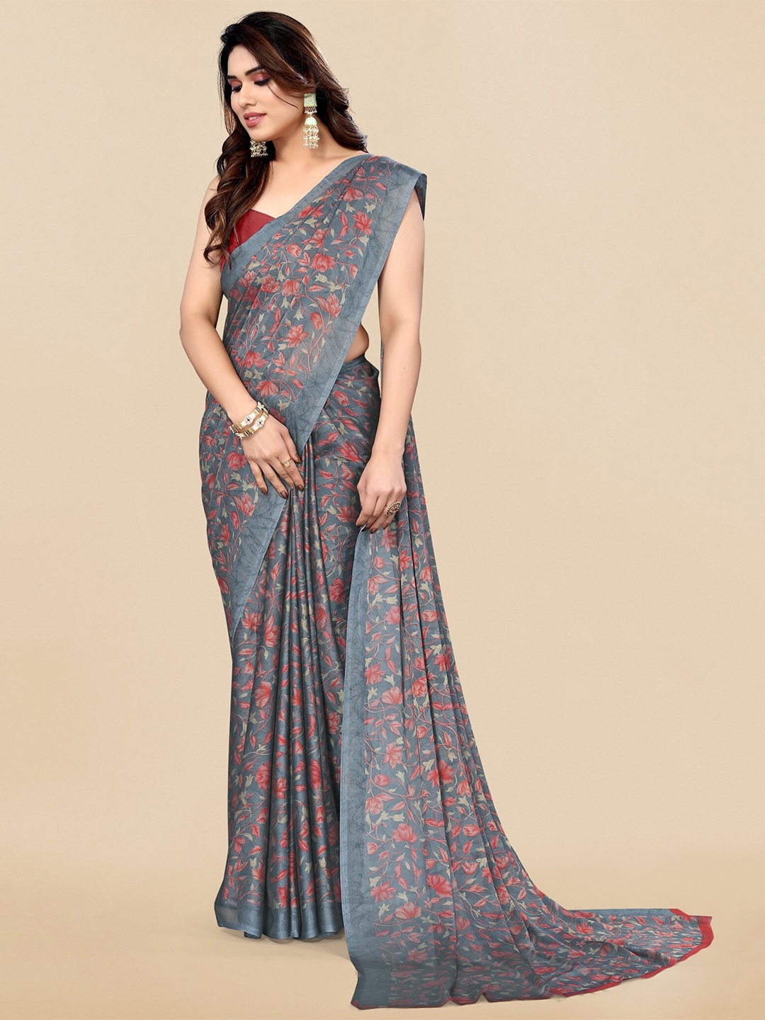 

KALINI Kalamkari Poly Chiffon Saree, Grey
