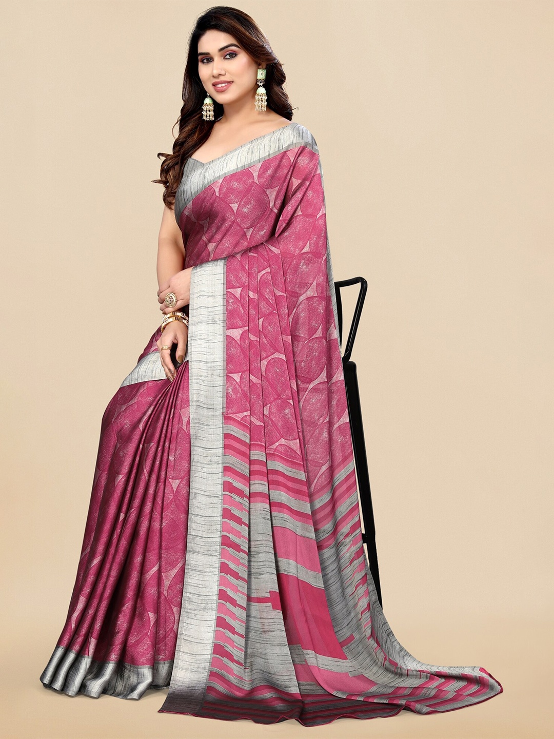 

KALINI Pink & Grey Geometric printed border Chiffon Saree