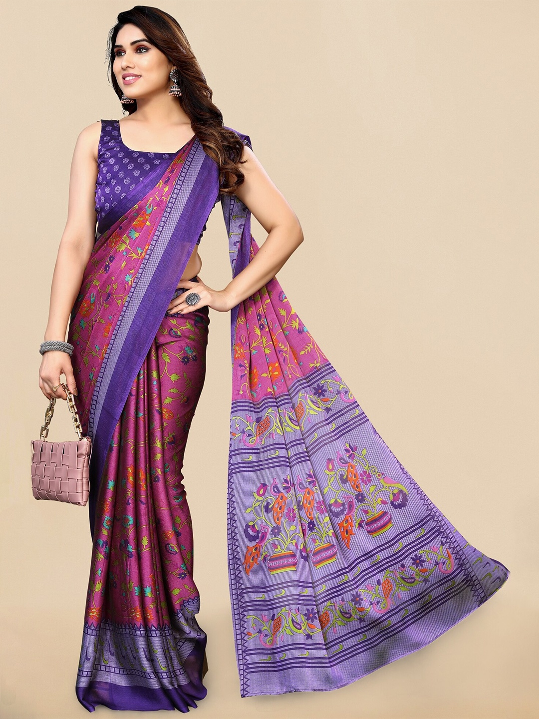 

KALINI Kalamkari Printed Saree, Pink