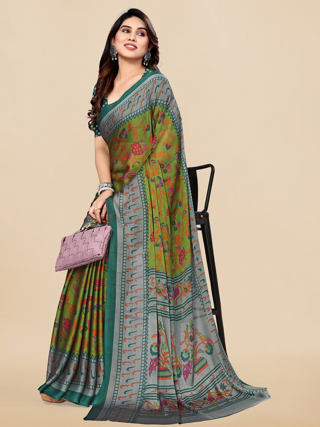 

KALINI Kalamkari Poly Chiffon Saree, Olive