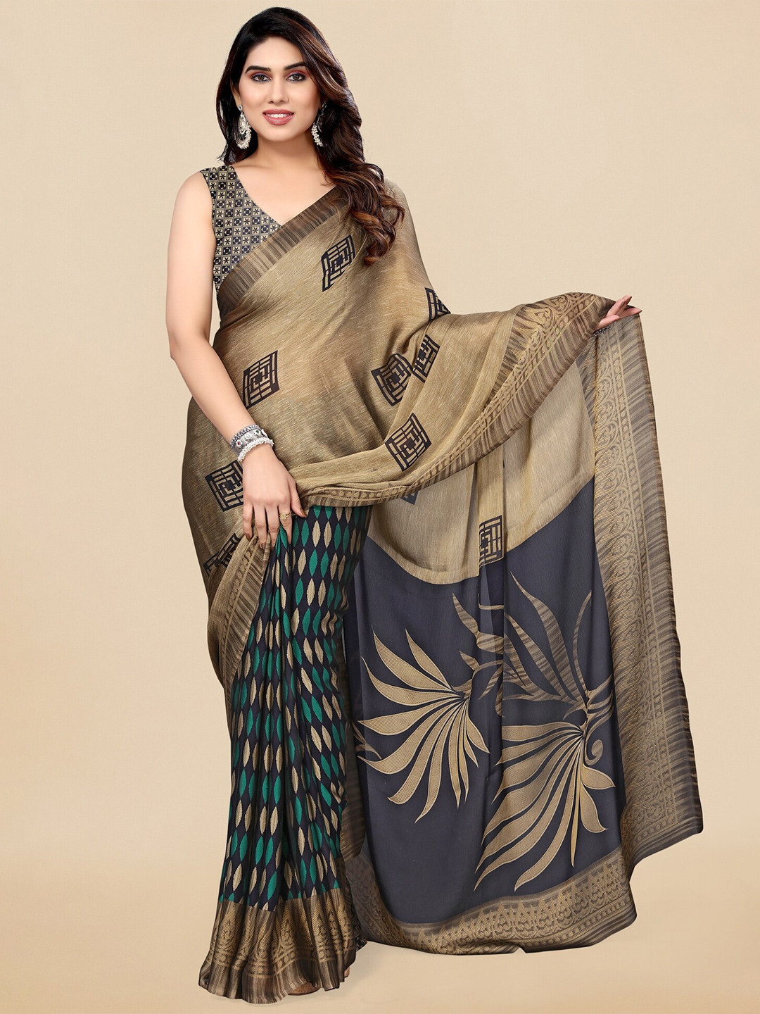 

KALINI Beige & Navy Blue Ethnic Motifs Chiffon Block Print Saree