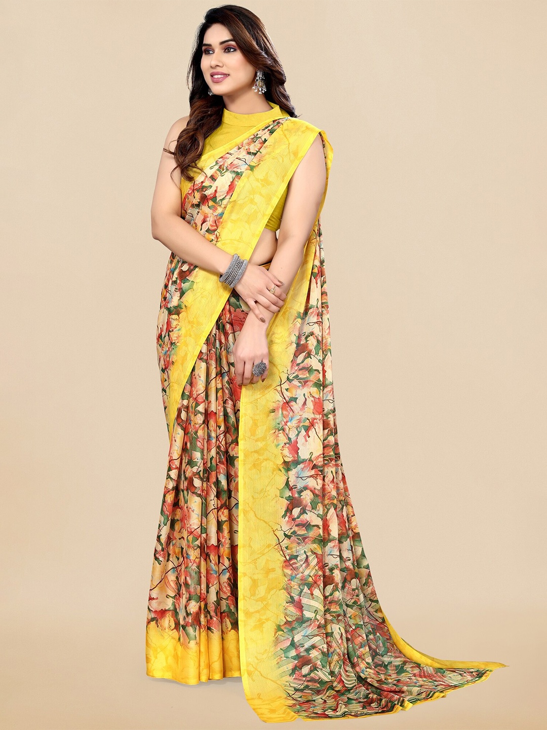 

KALINI Yellow & Rust Floral Printed Chiffon Saree