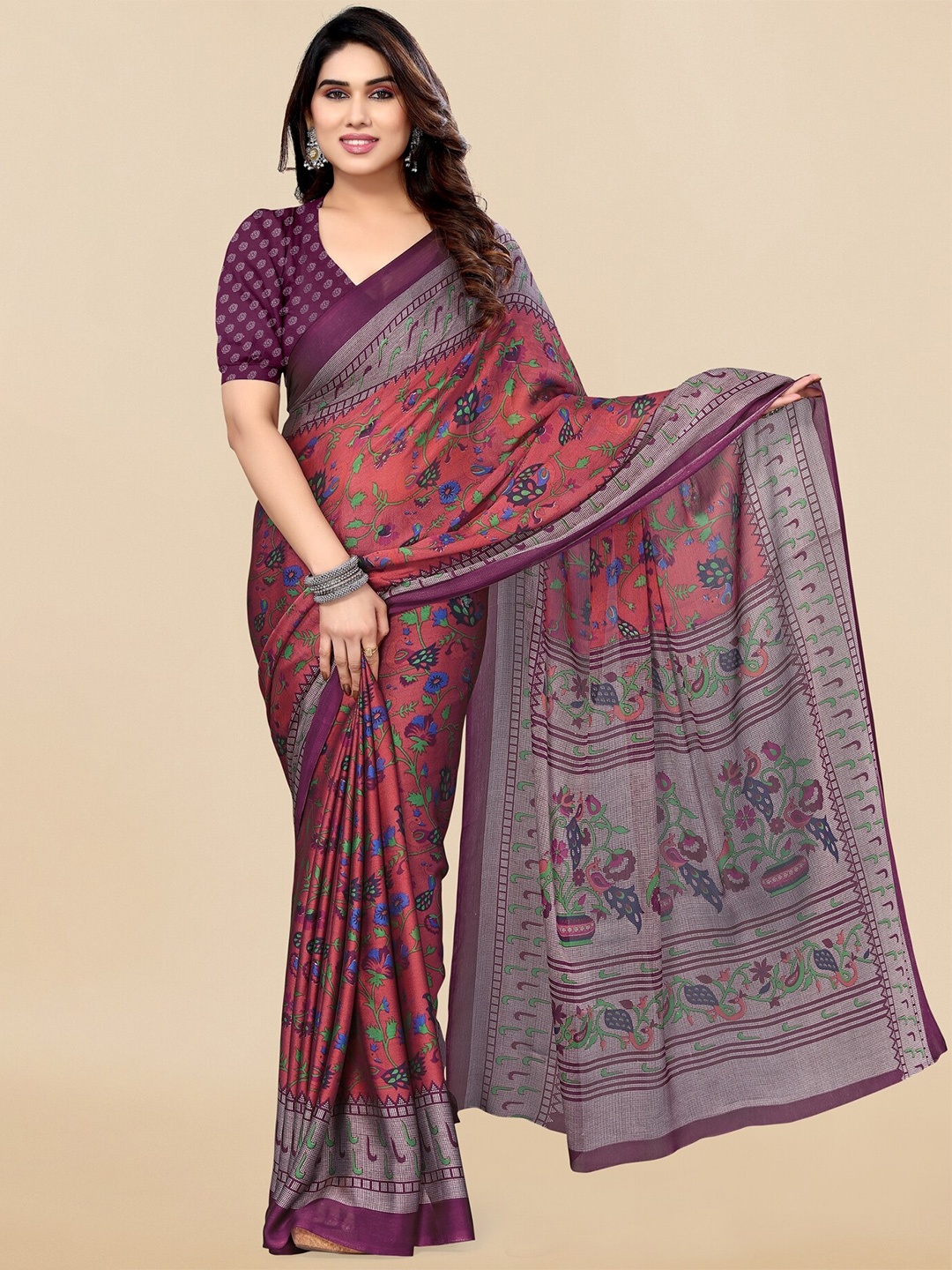 

KALINI Coral & Purple Kalamkari Printed Chiffon Saree