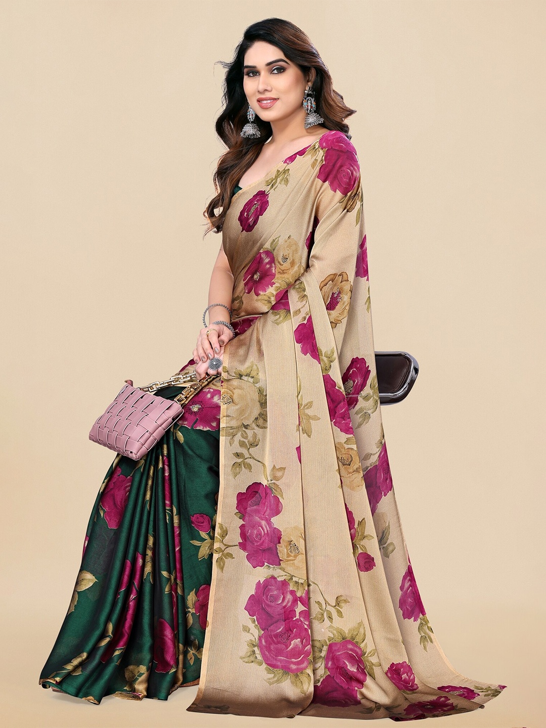 

KALINI Floral Poly Chiffon Half and Half Saree, Beige