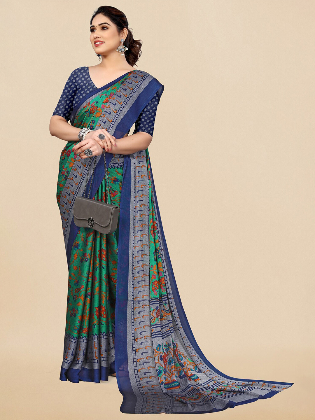

KALINI Kalamkari Poly Chiffon Saree, Green