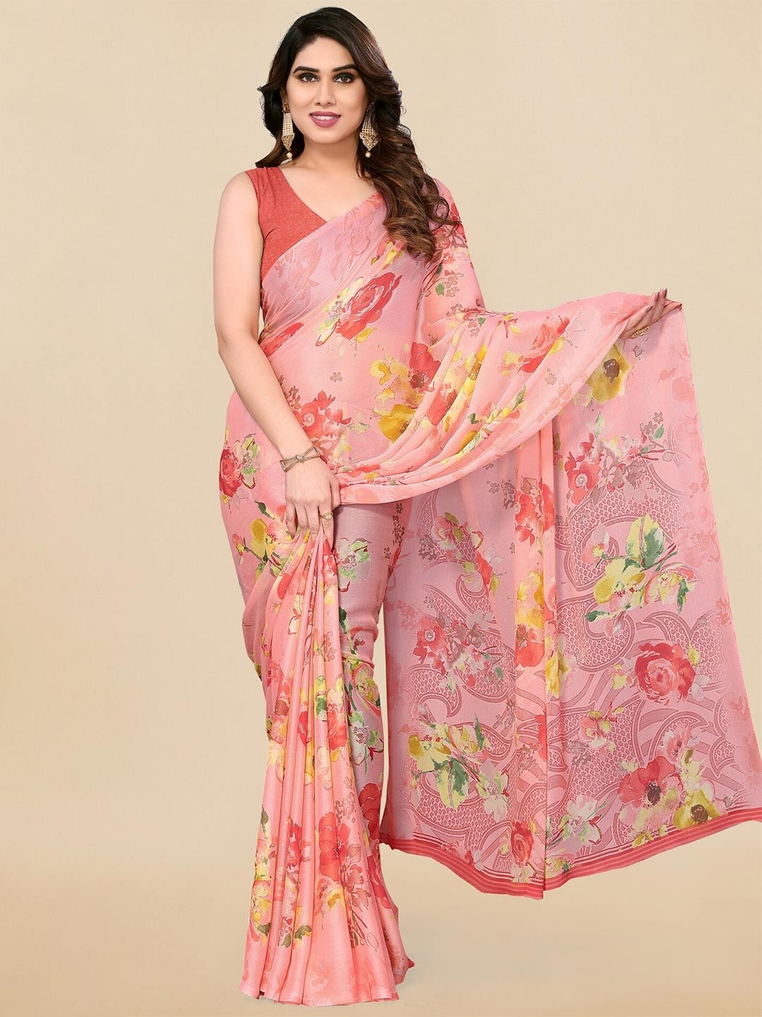 

KALINI Floral Printed Saree, Peach