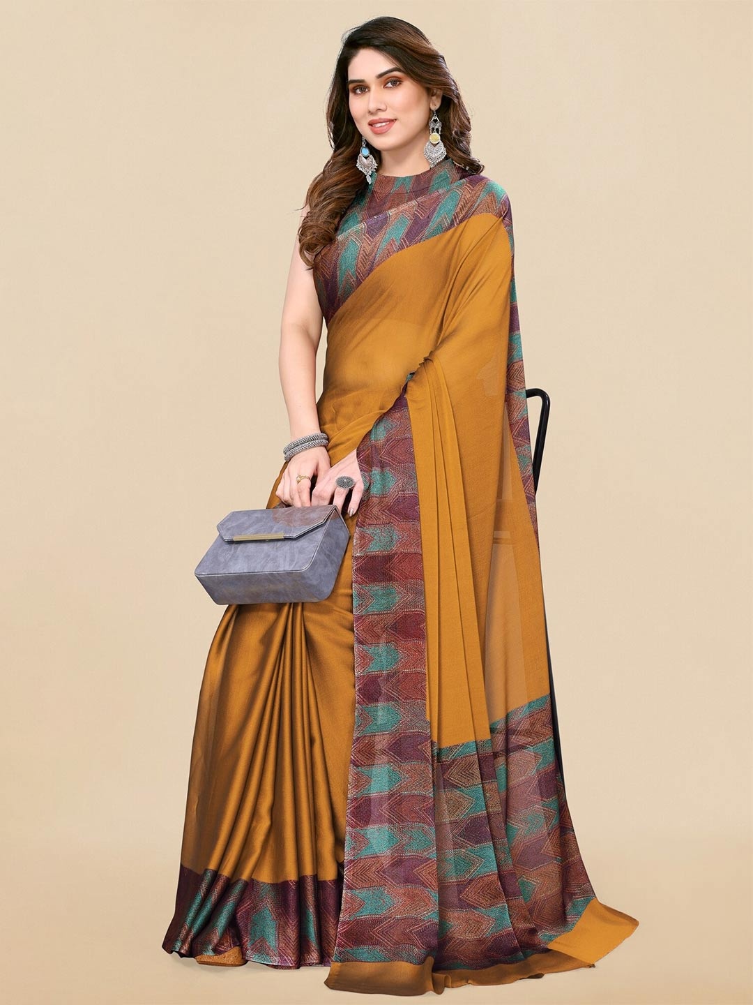 

KALINI Mustard & Teal Printed Chiffon Saree