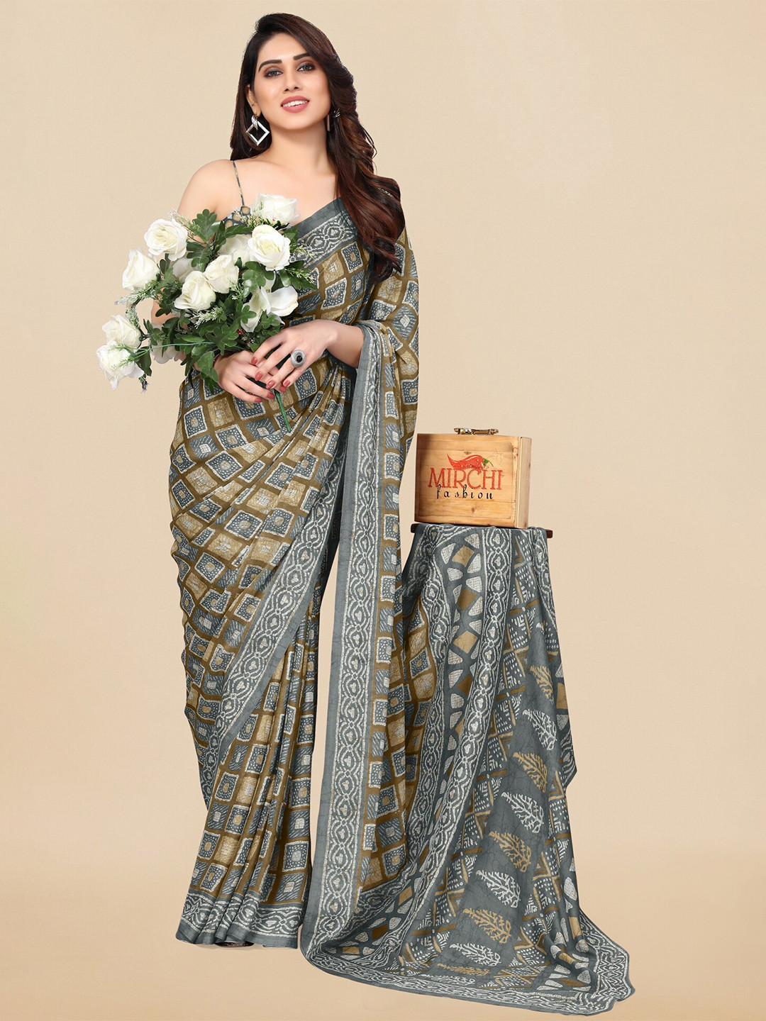 

KALINI Beige & Grey Colourblocked Chiffon Block Print Saree