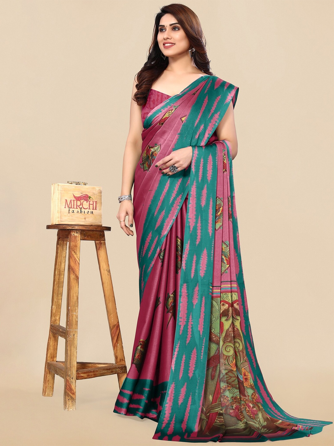 

KALINI Pink & Teal Ethnic Motifs Chiffon printed border Saree