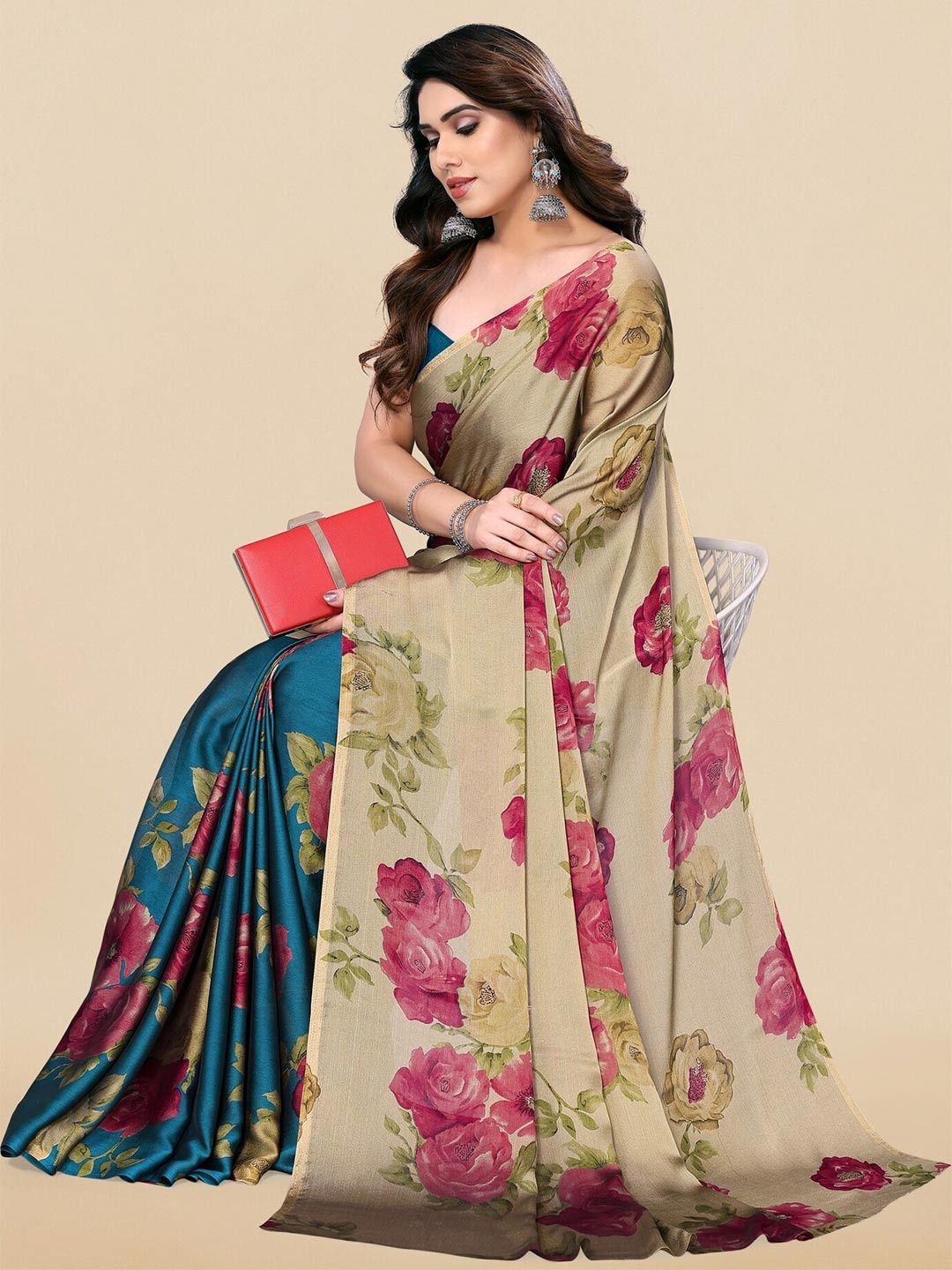 

KALINI Beige & Turquoise Blue Floral Printed Chiffon Half and Half Saree