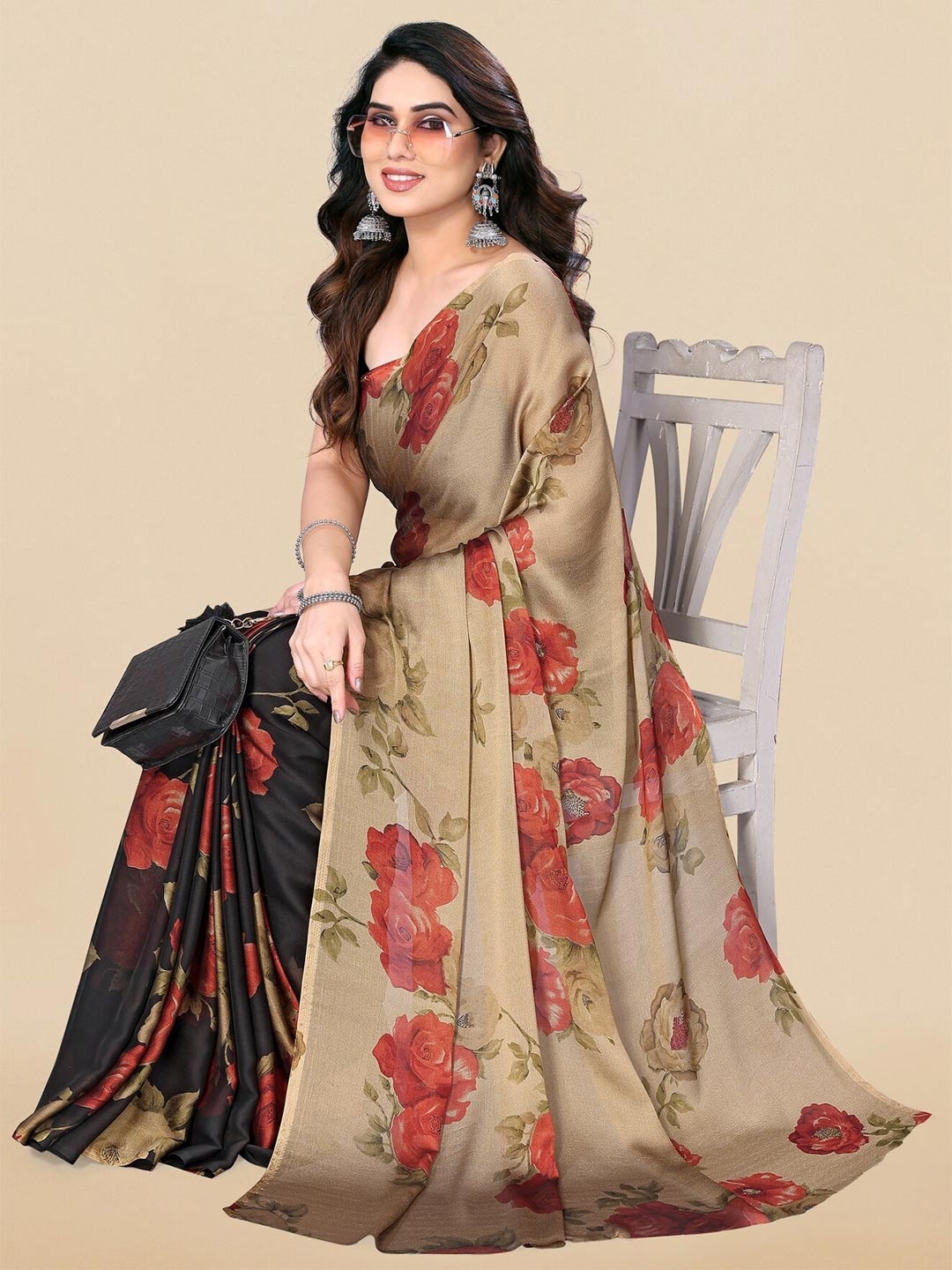 

KALINI Floral Poly Chiffon Half and Half Saree, Beige