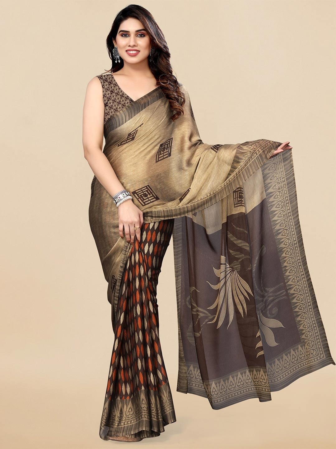 

KALINI Ethnic Motifs Poly Chiffon Block Print Saree, Beige