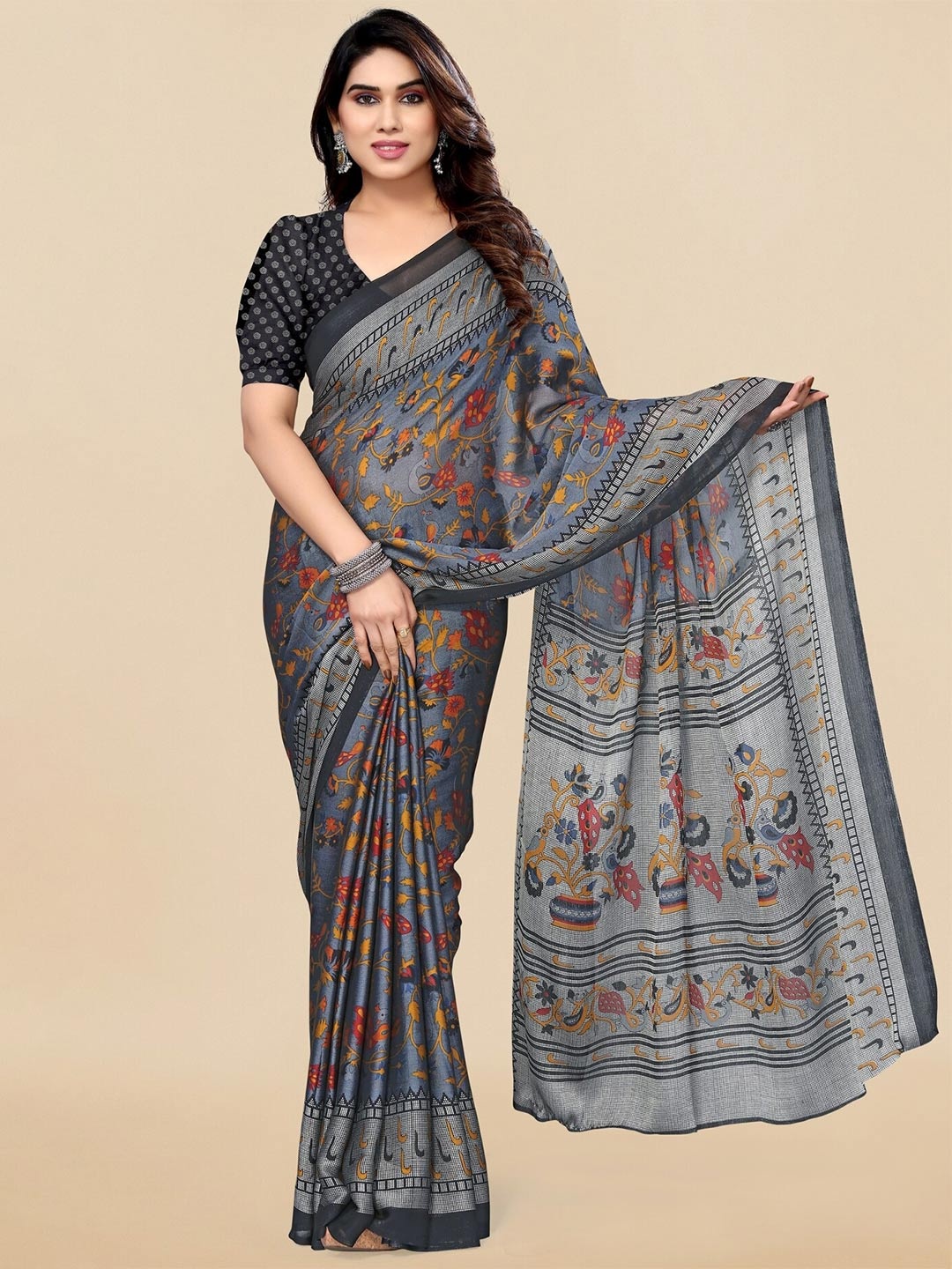 

KALINI Kalamkari Poly Chiffon Saree, Grey