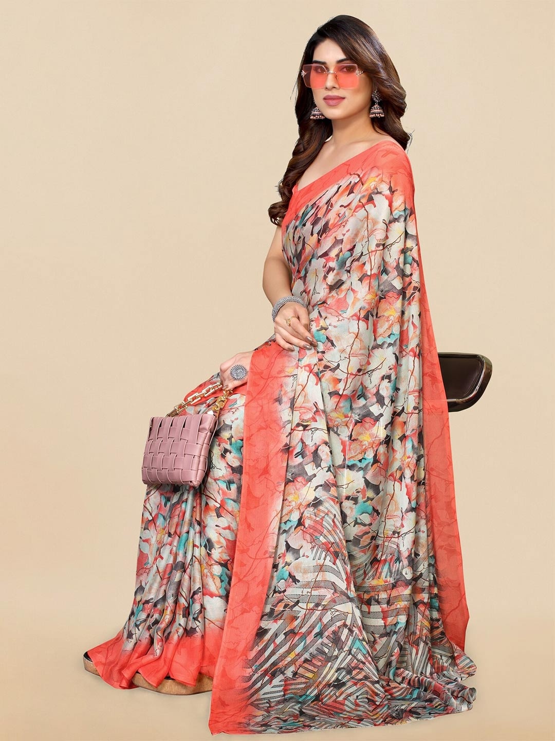 

KALINI Floral Poly Chiffon Saree, Grey
