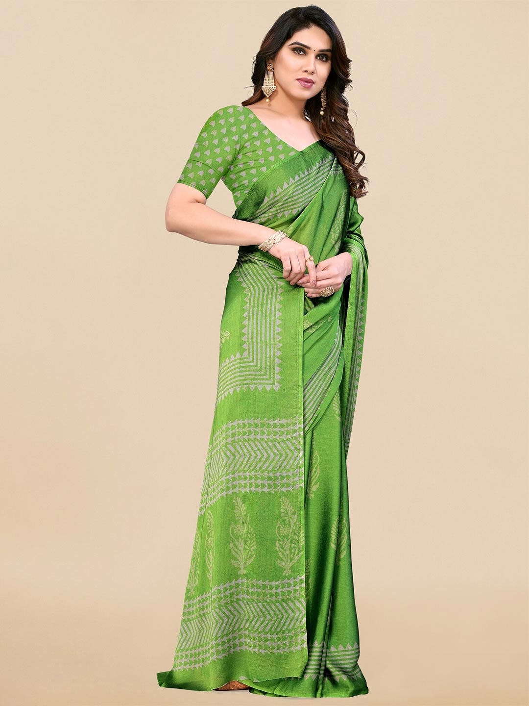

KALINI Ethnic Motifs Poly Chiffon Block Print Saree, Green
