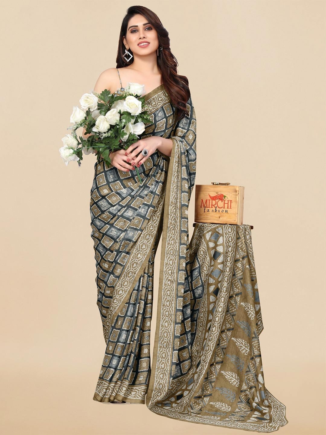 

KALINI Geometric Printed Saree, Grey