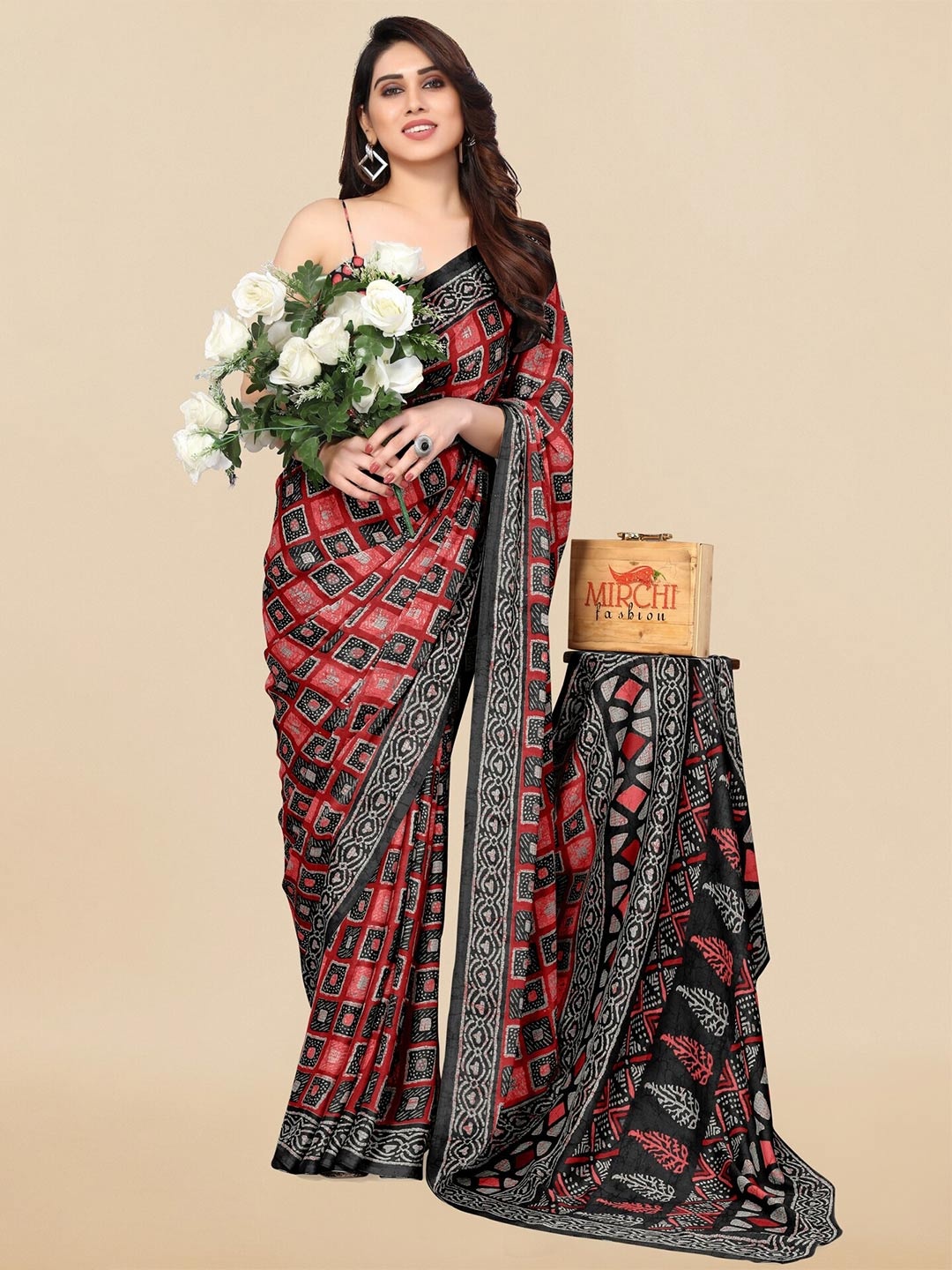 

KALINI Red & Black Colourblocked Chiffon Print Saree