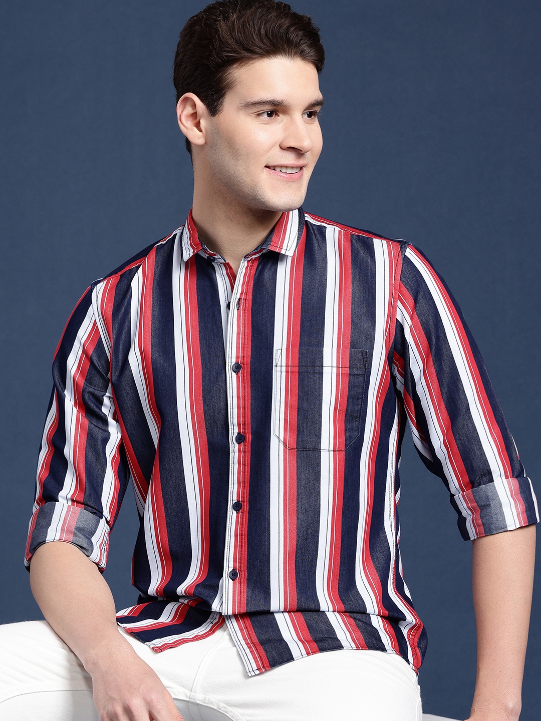 

Mast & Harbour Men Slim Fit Striped Casual Shirt, Red
