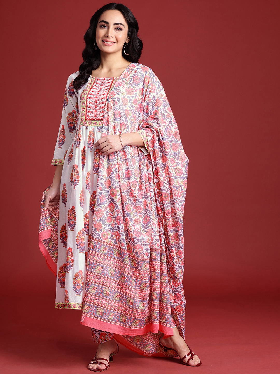 

Anouk Floral Printed Pleated Sequinned Pure Cotton Kurta with Trousers & Dupatta, White