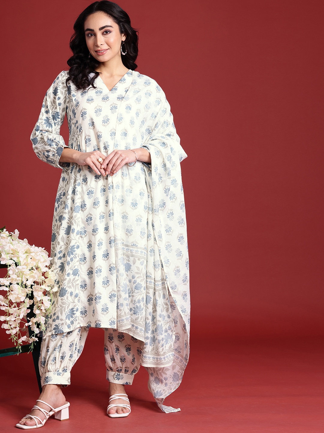 

Anouk Floral Printed Angrakha Pure Cotton Kurta with Salwar & Dupatta, White