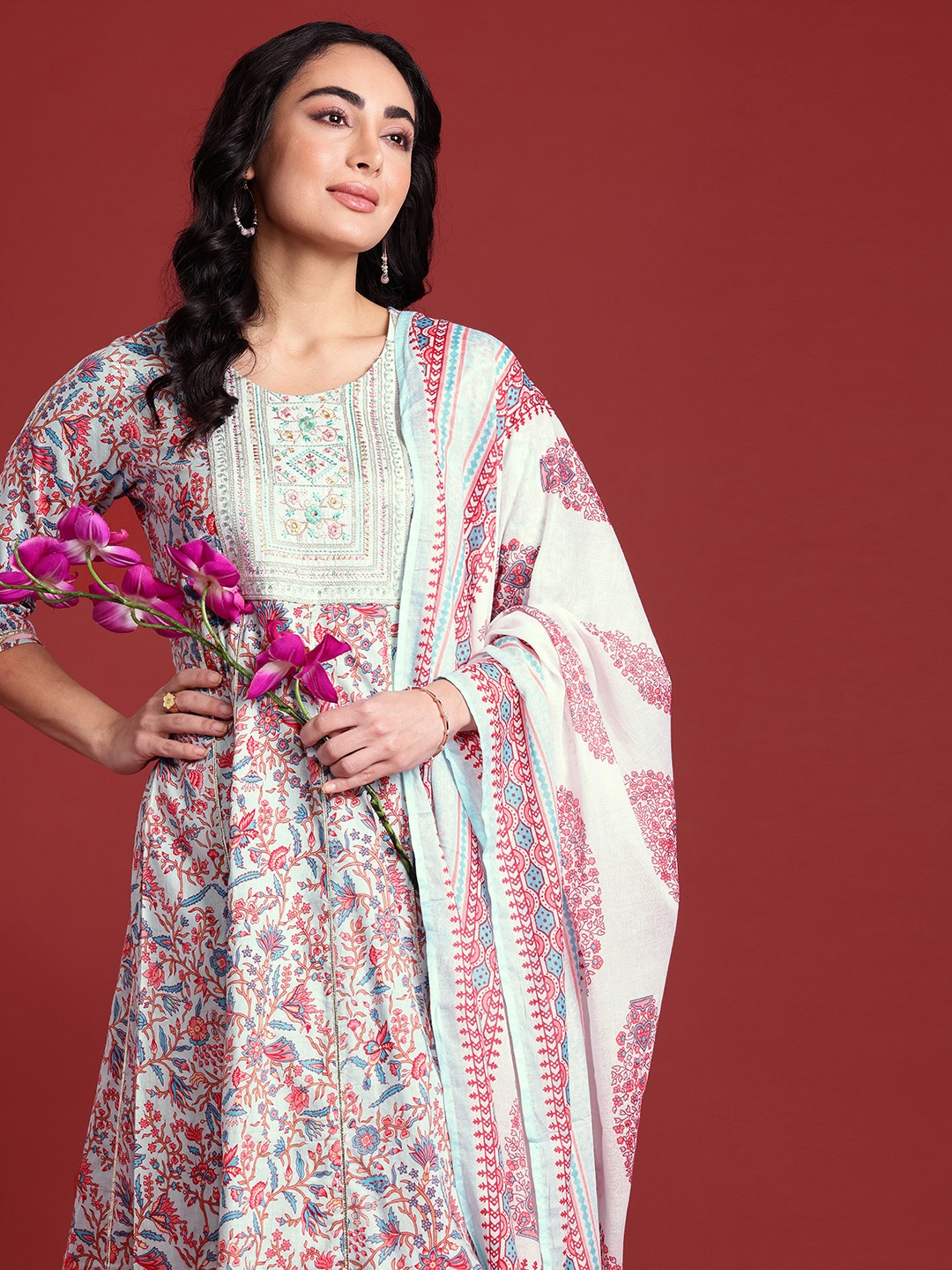 

Anouk Floral Embroidered Gotta Patti Pure Cotton Kurta with Trousers & Dupatta, Sea green