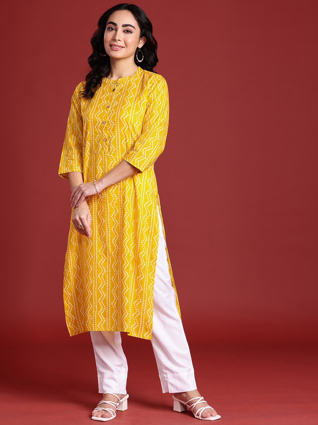 

Anouk Bandhani Printed Mandarin Collar Pure Cotton Kurta, Yellow