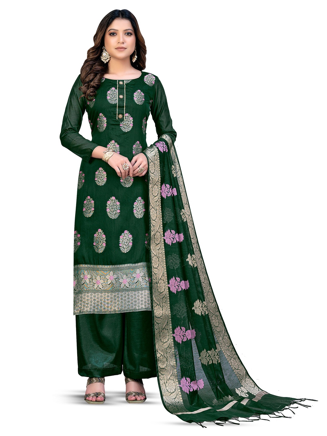 

MANVAA Floral Woven Design Unstitched Dress Material, Green