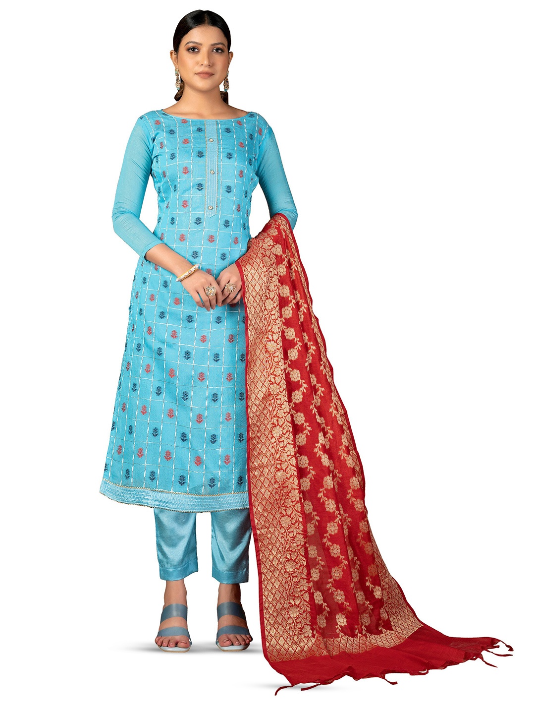 

MANVAA Floral Woven Design Unstitched Dress Material, Blue