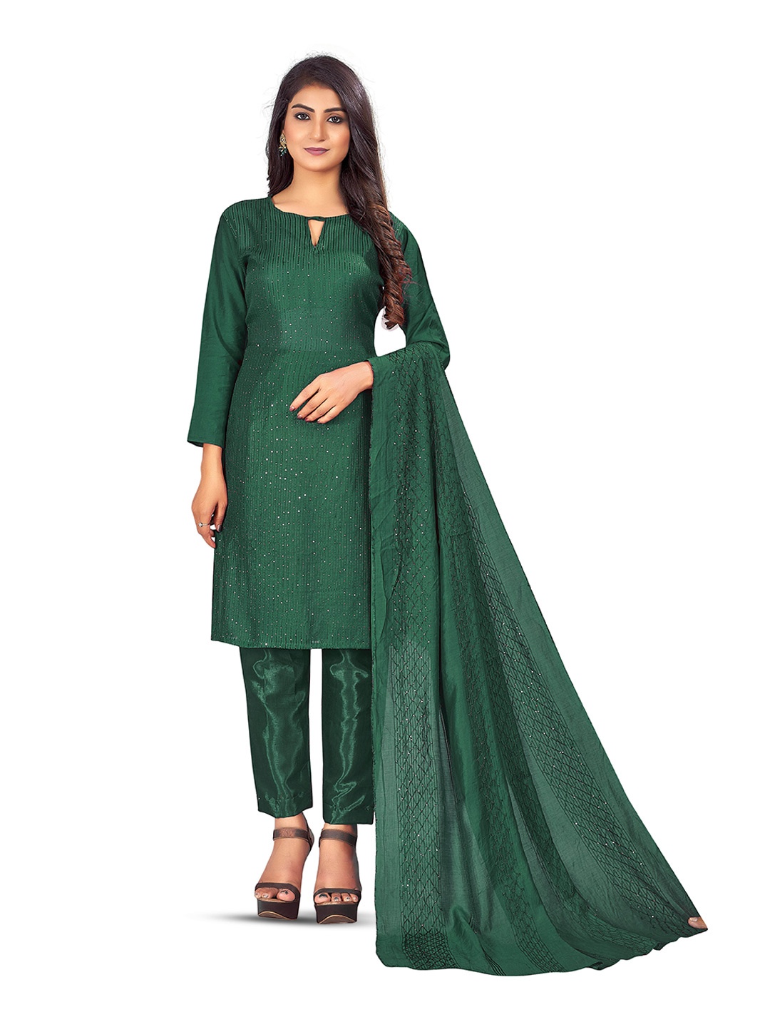

MANVAA Striped Embroidered Sequinned Detail Unstitched Dress Material, Green