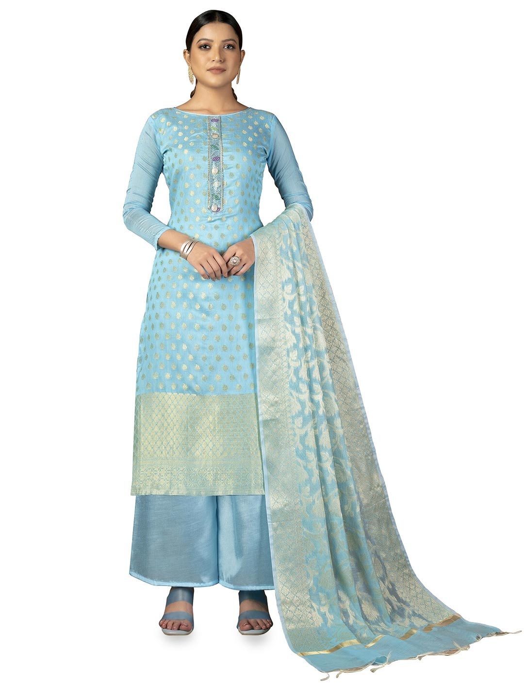 

MANVAA Ethnic Motifs Woven Design Unstitched Dress Material, Blue