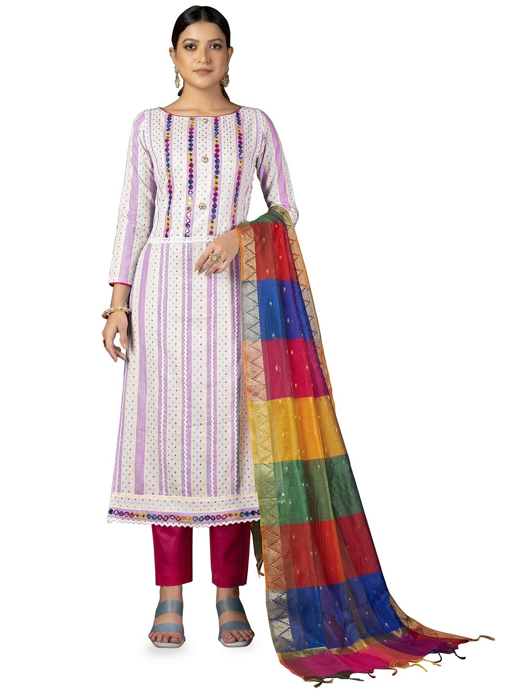

MANVAA Ethnic Motifs Printed Mirror Work Unstitched Dress Material, White