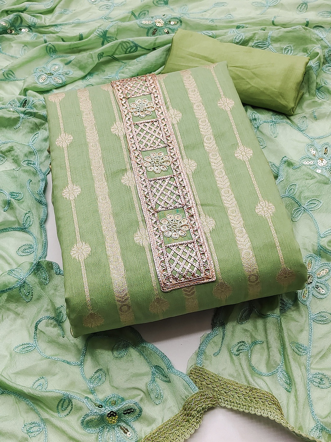 

MANVAA Ethnic Motifs Woven Design Banarasi Jacquard Gotta Patti Unstitched Dress Material, Green
