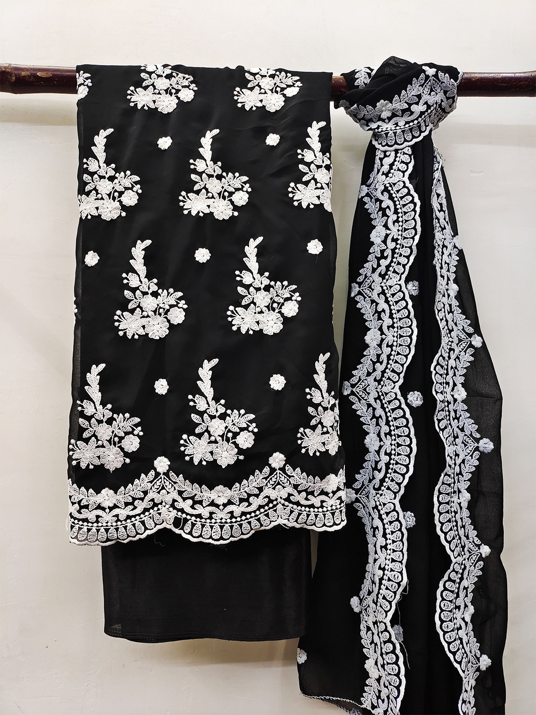 

MANVAA Floral Embroidered Unstitched Dress Material, Black