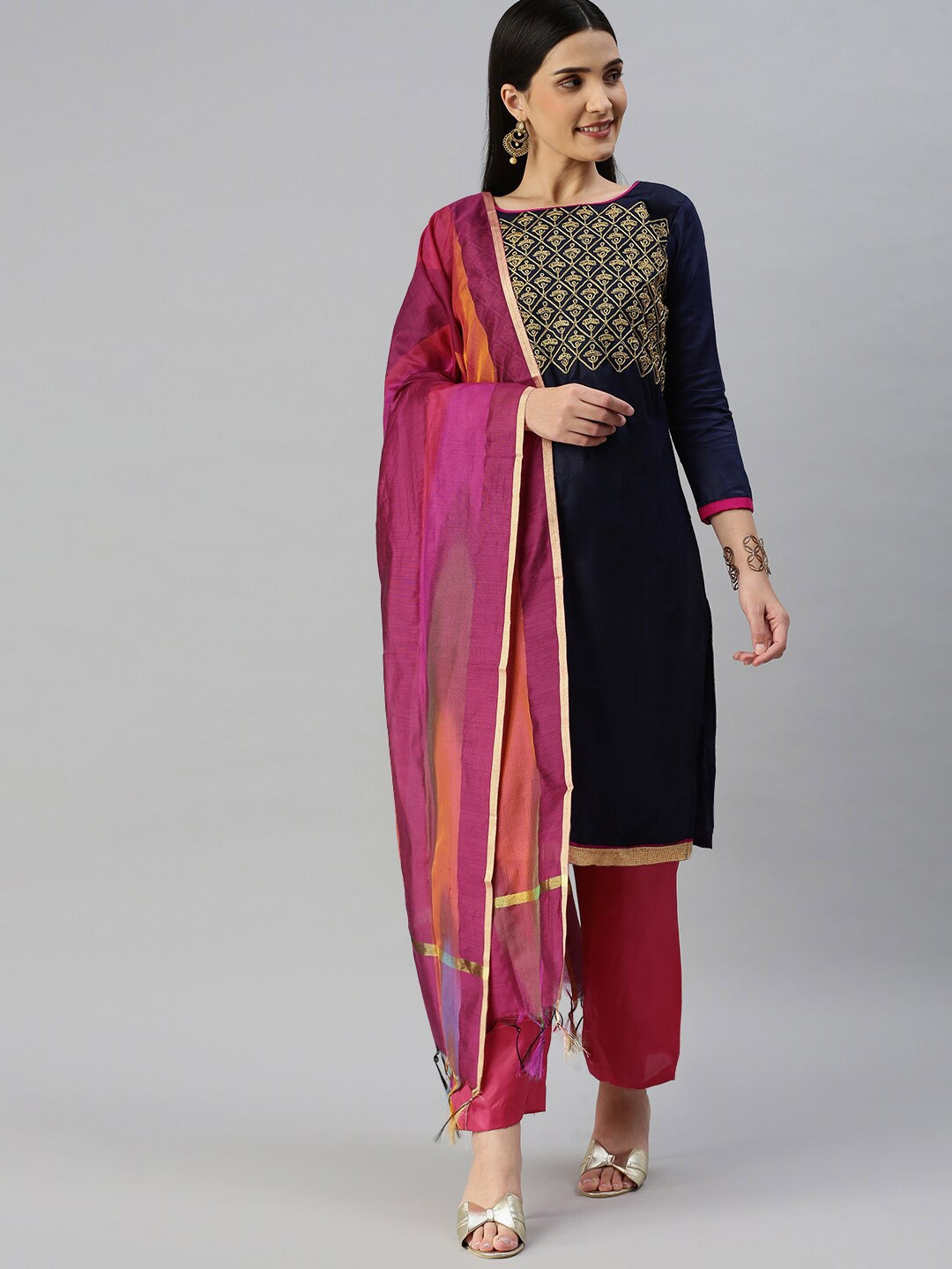 

MANVAA Ethnic Motifs Embroidered Unstitched Dress Material, Blue