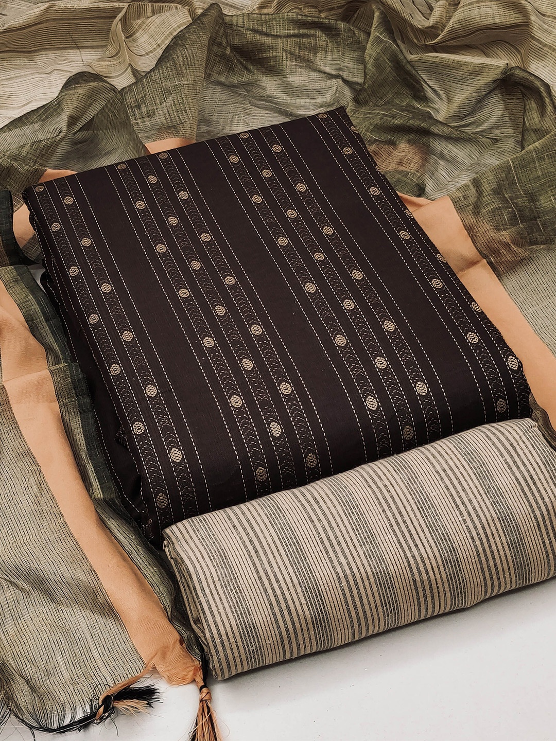 

MANVAA Striped Woven Design Unstitched Dress Material, Brown