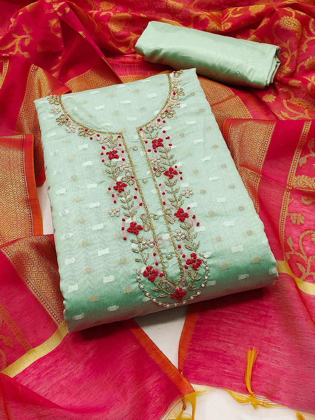 

MANVAA Floral Embellished Beads and Stones Unstitched Dress Material, Green