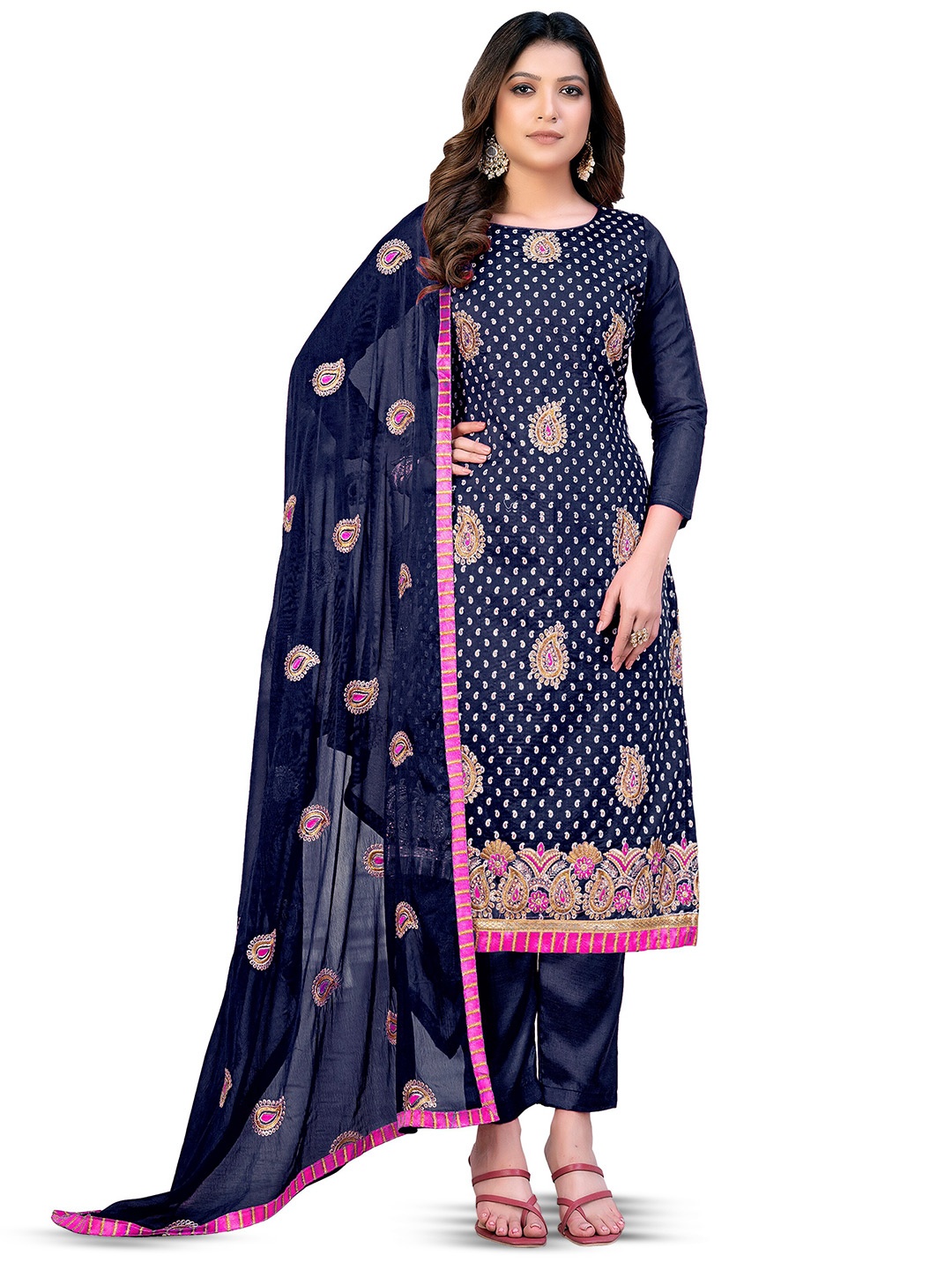 

MANVAA Embellished Unstitched Dress Material, Blue